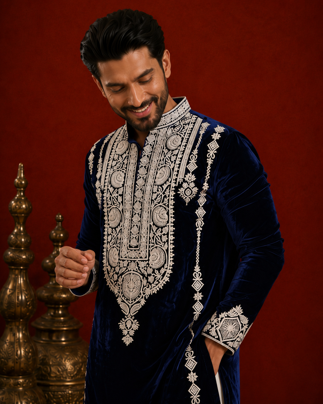 Midnight Navy Blue Velvet Embroidered Kurta for Men | Royal Wedding & Festive Wear