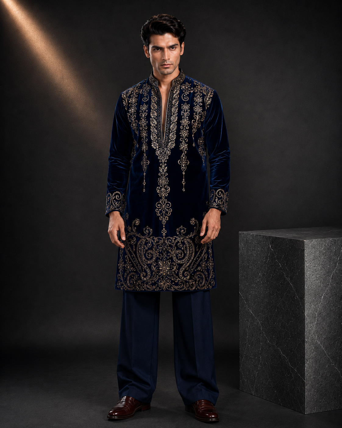 Men's Navy Blue Velvet Embroidered Designer Kurta | Premium Ethnic Kurta for Weddings & Festive Wear