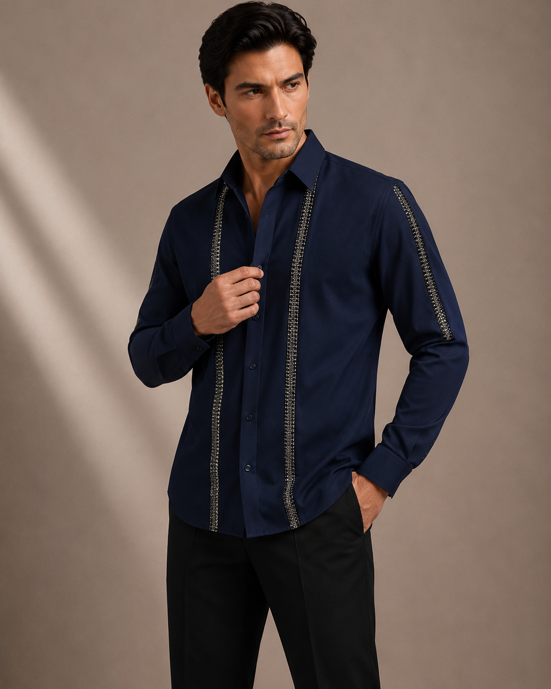 Men's Navy Blue Premium Chain Detail Full Sleeve Shirt | Luxury Party Wear Designer Shirt for Men