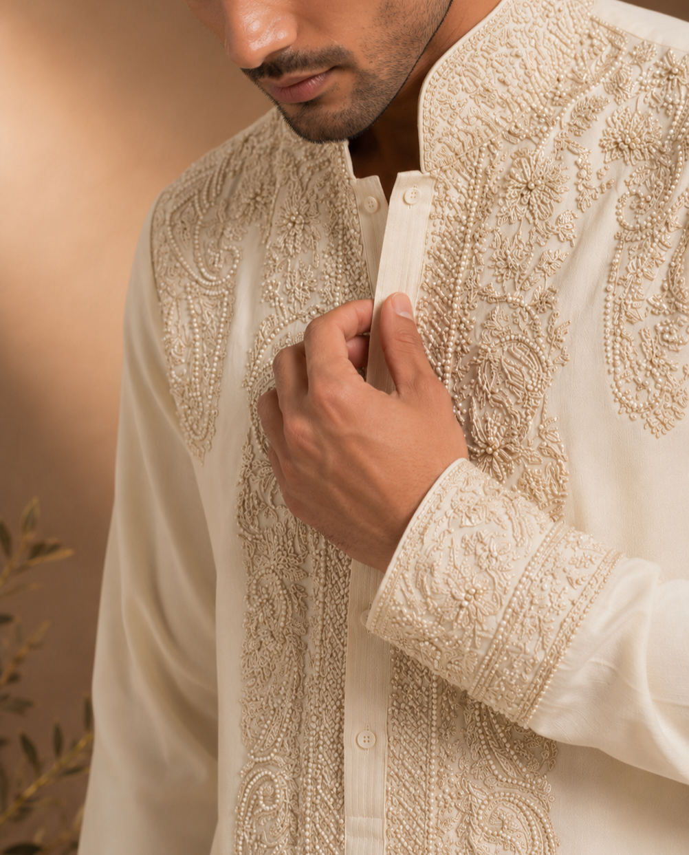 Off-White Tone-on-Tone Embroidered Kurta for Men | Groom & Festive Wedding Wear