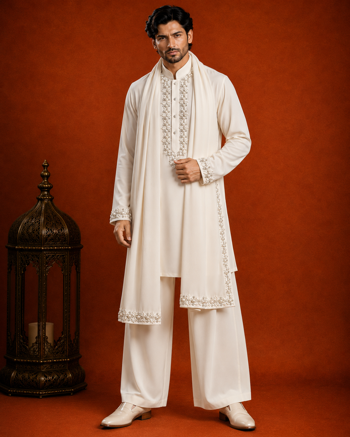 Men’s Ivory Embroidered Kurta with Dupatta | Premium Wedding & Festive Ethnic Wear