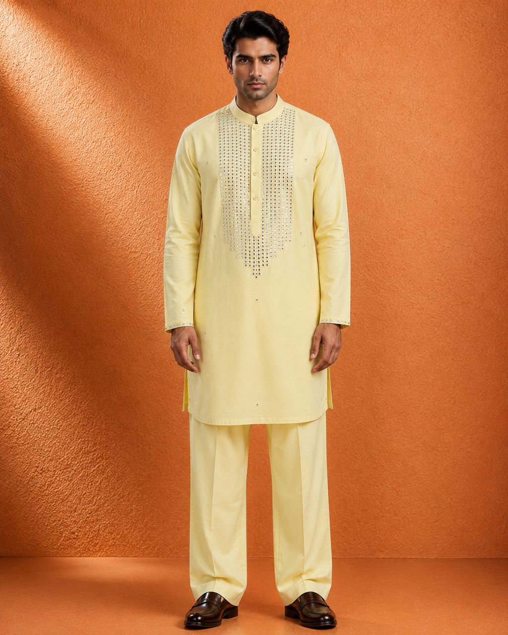 Men's Pastel Yellow Embellished Kurta | Premium Ethnic Wear for Festive & Wedding Occasions