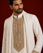 Off-White Gold Embroidered Kurta with Stole Set for Men | Groom & Wedding Festive Wear
