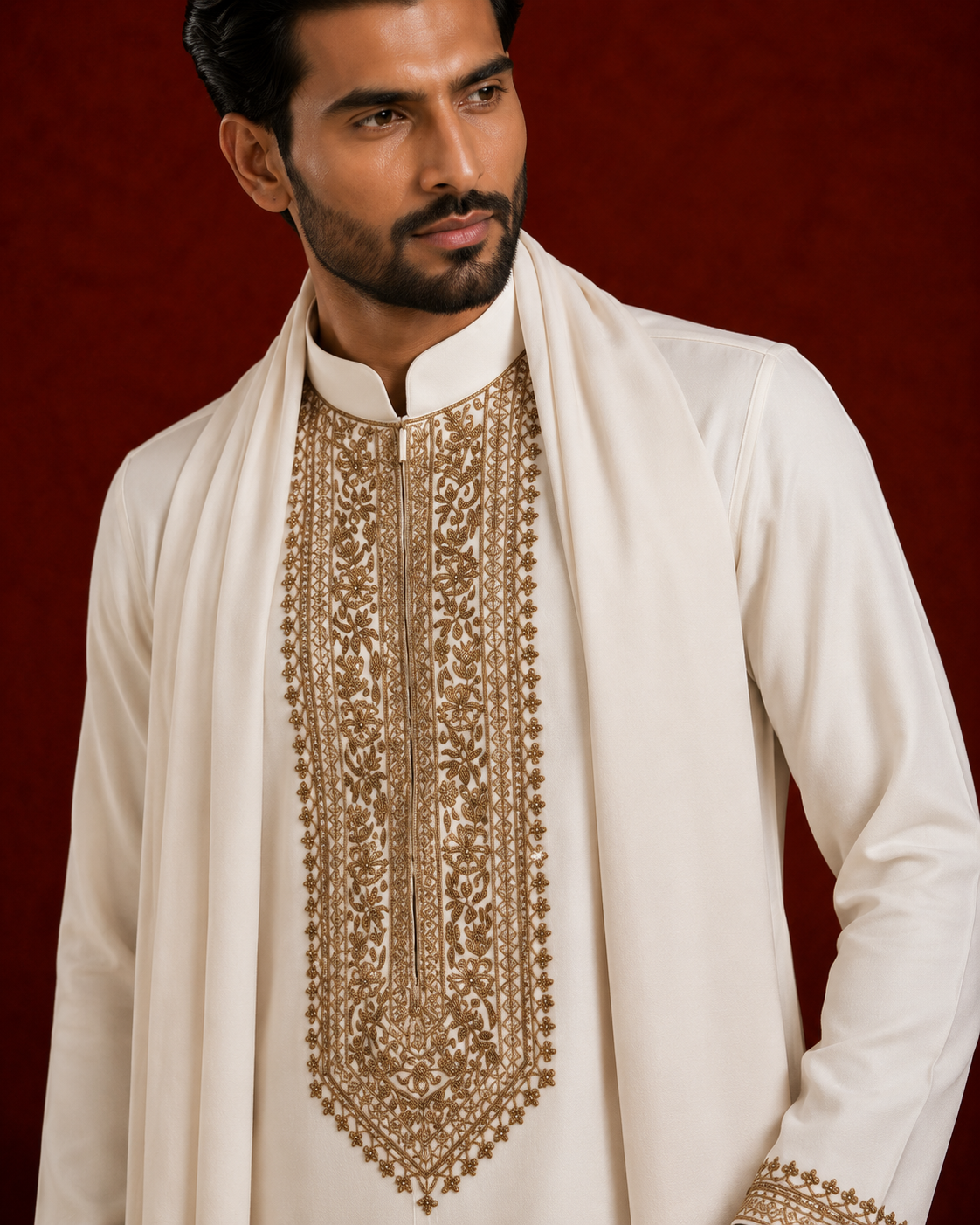 Off-White Gold Embroidered Kurta with Stole Set for Men | Groom & Wedding Festive Wear