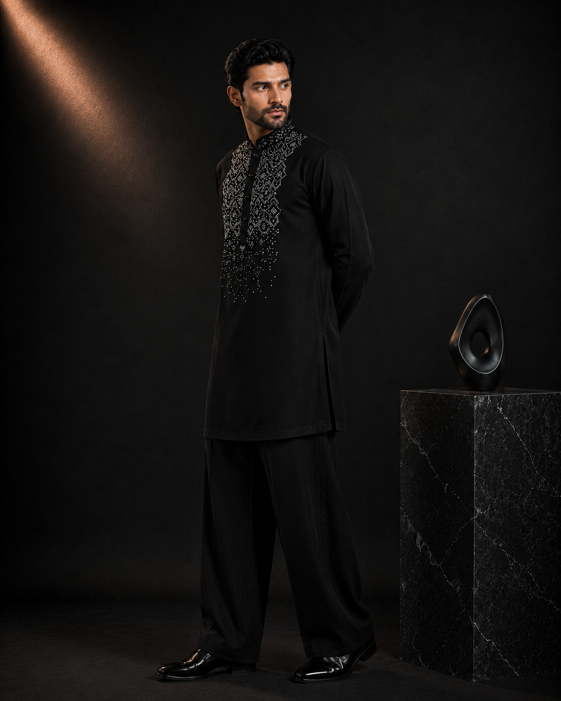 Black Geometric Embroidered Kurta for Men | Party & Festive Wedding Wear
