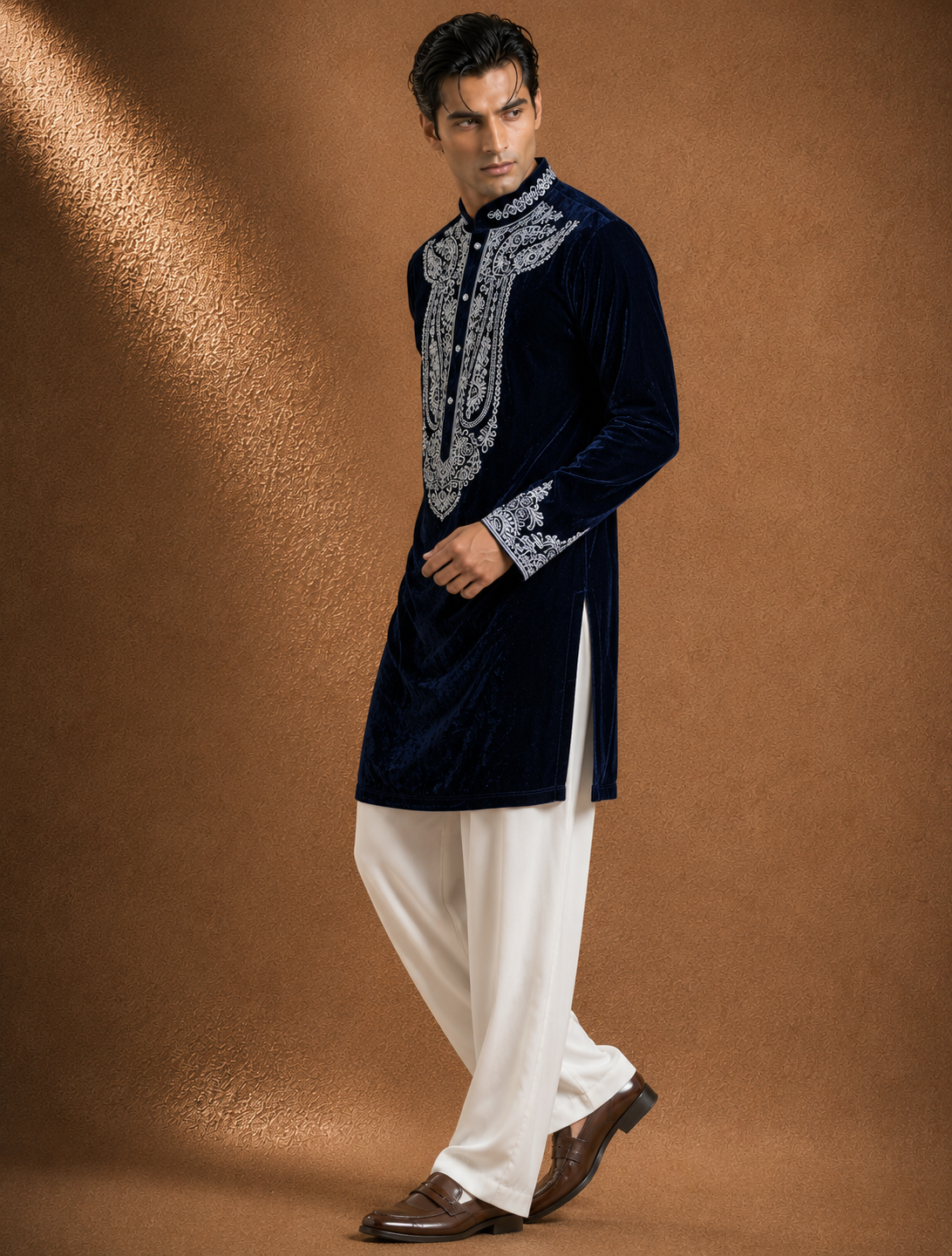Navy Blue Velvet Embroidered Men's Kurta | Premium Festive & Wedding Ethnic Wear