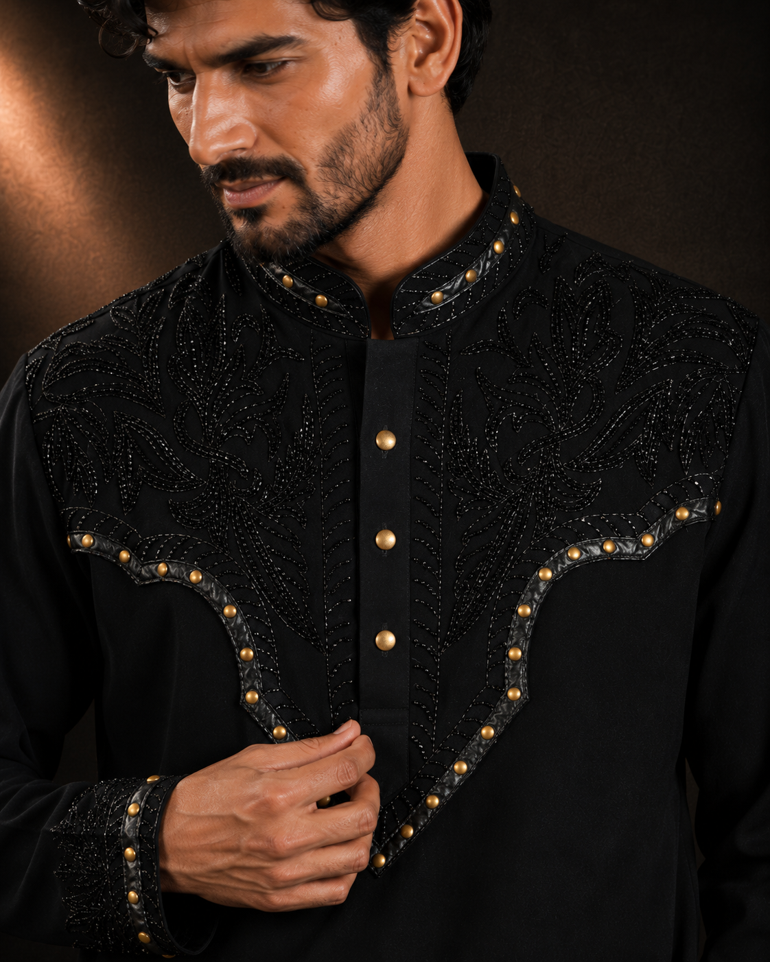 Black Tonal Embroidered Short Kurta with Gold Accent Detail for Men | Party & Festive Wear