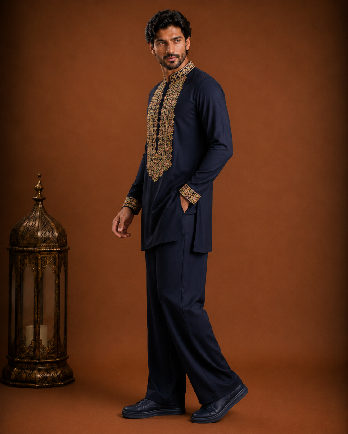 Midnight Navy Multi-Color Embroidered Kurta for Men | Festive & Wedding Party Wear