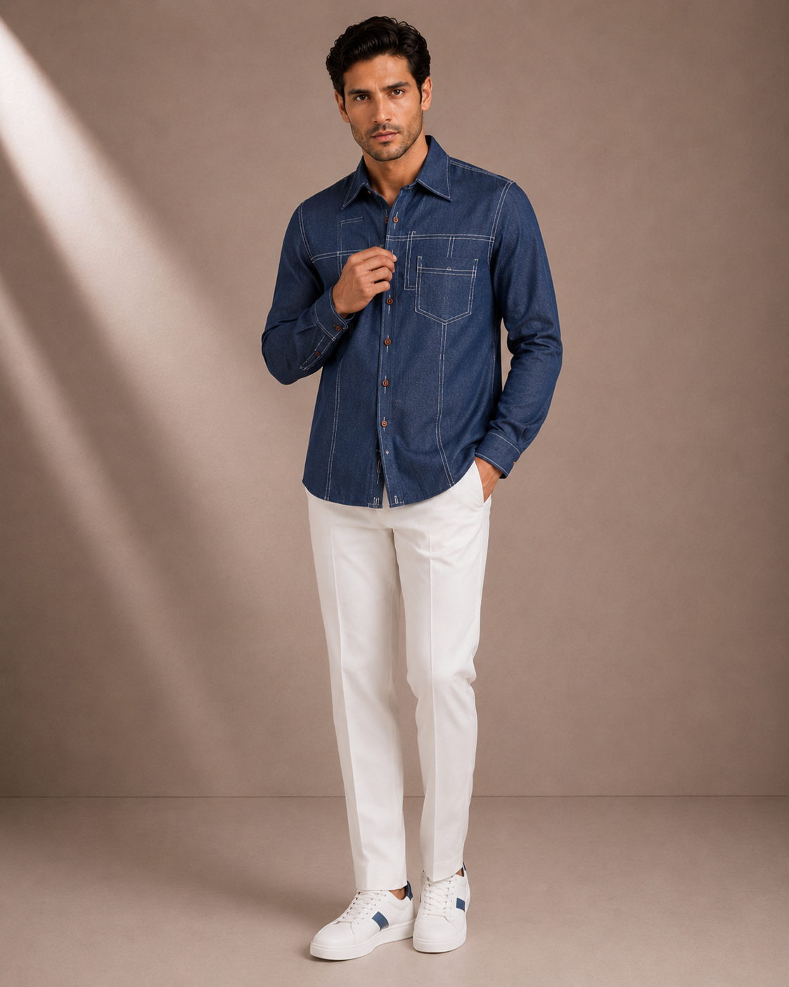 Men's Indigo Blue Premium Cotton Shirt with Contrast Stitching | Full Sleeve Casual & Smart Casual Shirt