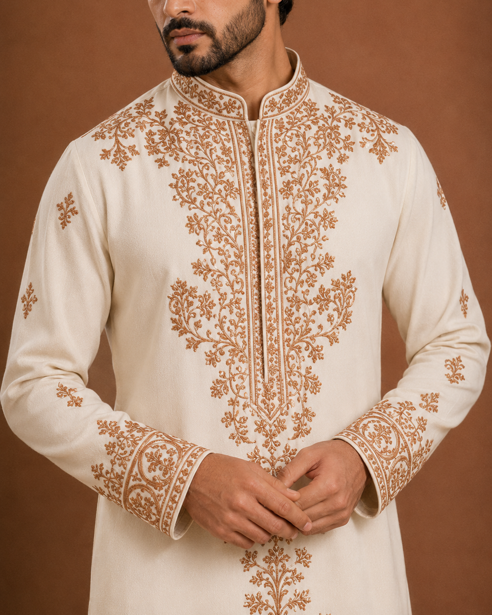 Off-White Gold Thread Embroidered Kurta for Men | Groom & Festive Wedding Wear