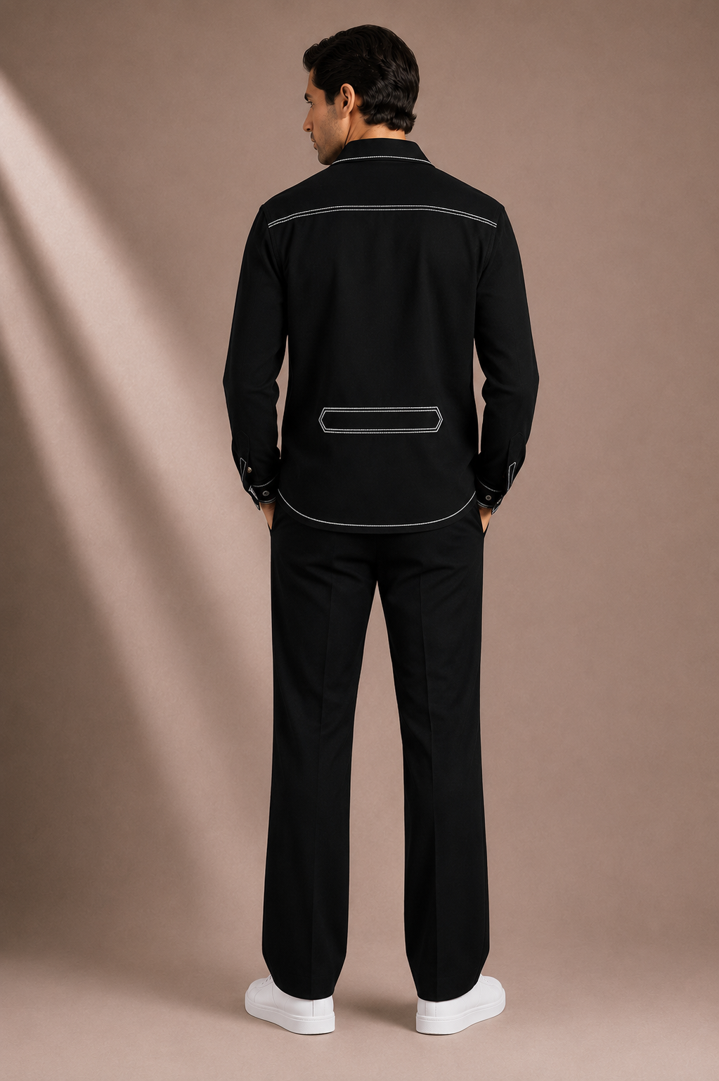 Men's Black Contrast Stitch Utility Overshirt | Premium Full Sleeve Button-Down Casual Shirt Jacket
