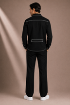 Men's Black Contrast Stitch Utility Overshirt | Premium Full Sleeve Button-Down Casual Shirt Jacket