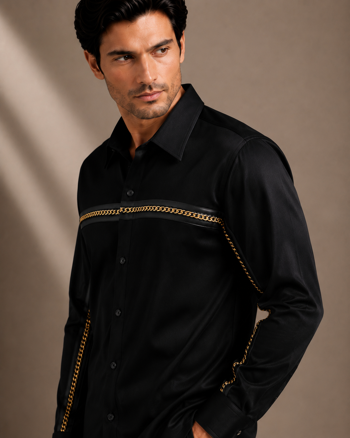 Men's Black Premium Chain Detail Full Sleeve Shirt | Luxury Party Wear Formal Shirt for Men