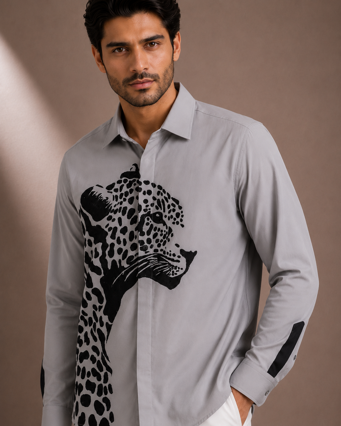 Men's Grey Leopard Print Premium Full Sleeve Shirt | Slim Fit Casual Party Wear Shirt