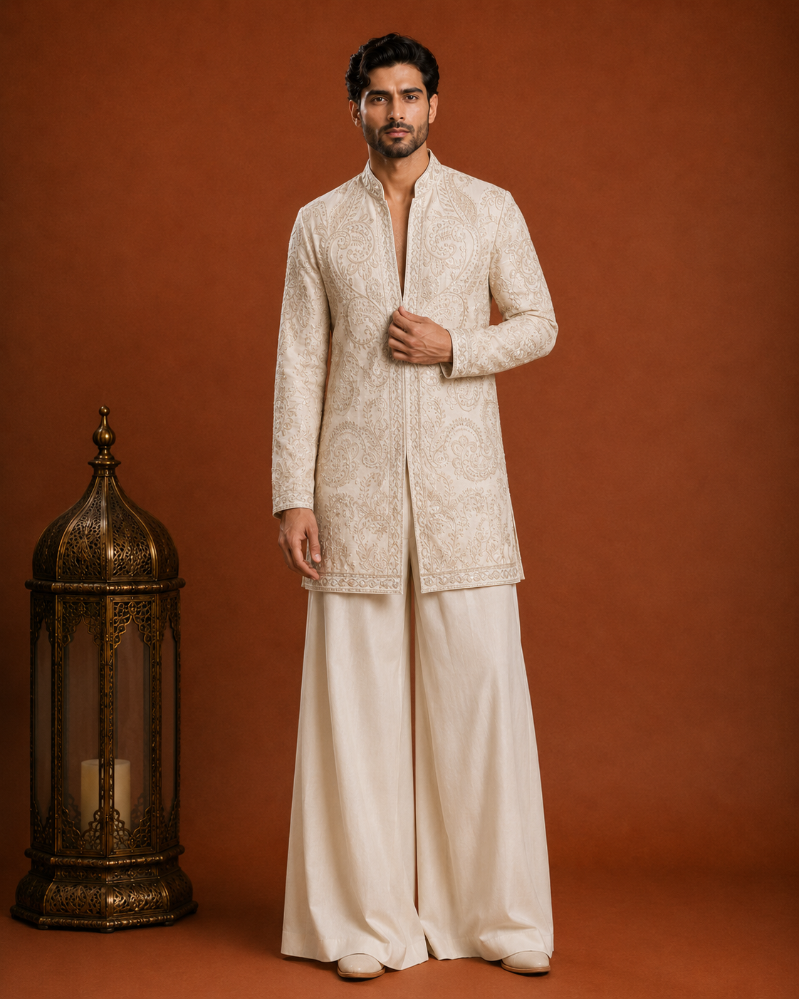 Men’s Ivory Embroidered Sherwani | Premium Wedding & Festive Ethnic Wear