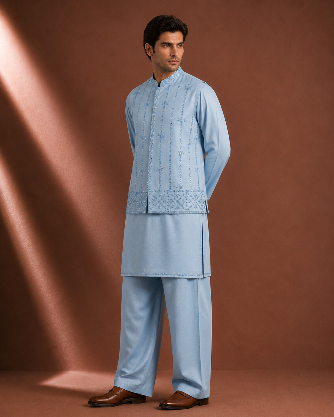 Men's Sky Blue Embroidered Kurta with Nehru Jacket | Premium Ethnic Wear for Wedding & Festive Occasions