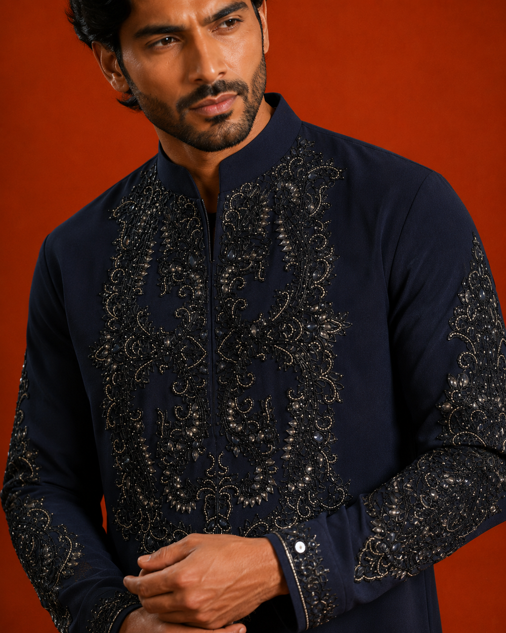 Midnight Navy Tonal Cut-Bead & Sequin Embroidered Kurta for Men | Festive & Wedding Party Wear