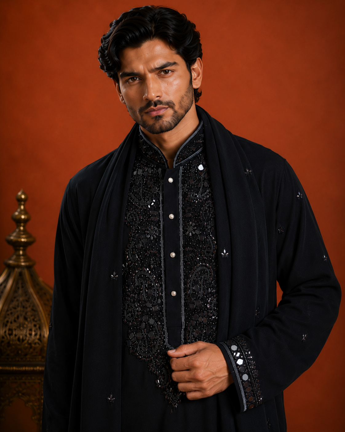 Men’s Black Embroidered Kurta with Dupatta | Premium Wedding & Festive Ethnic Wear