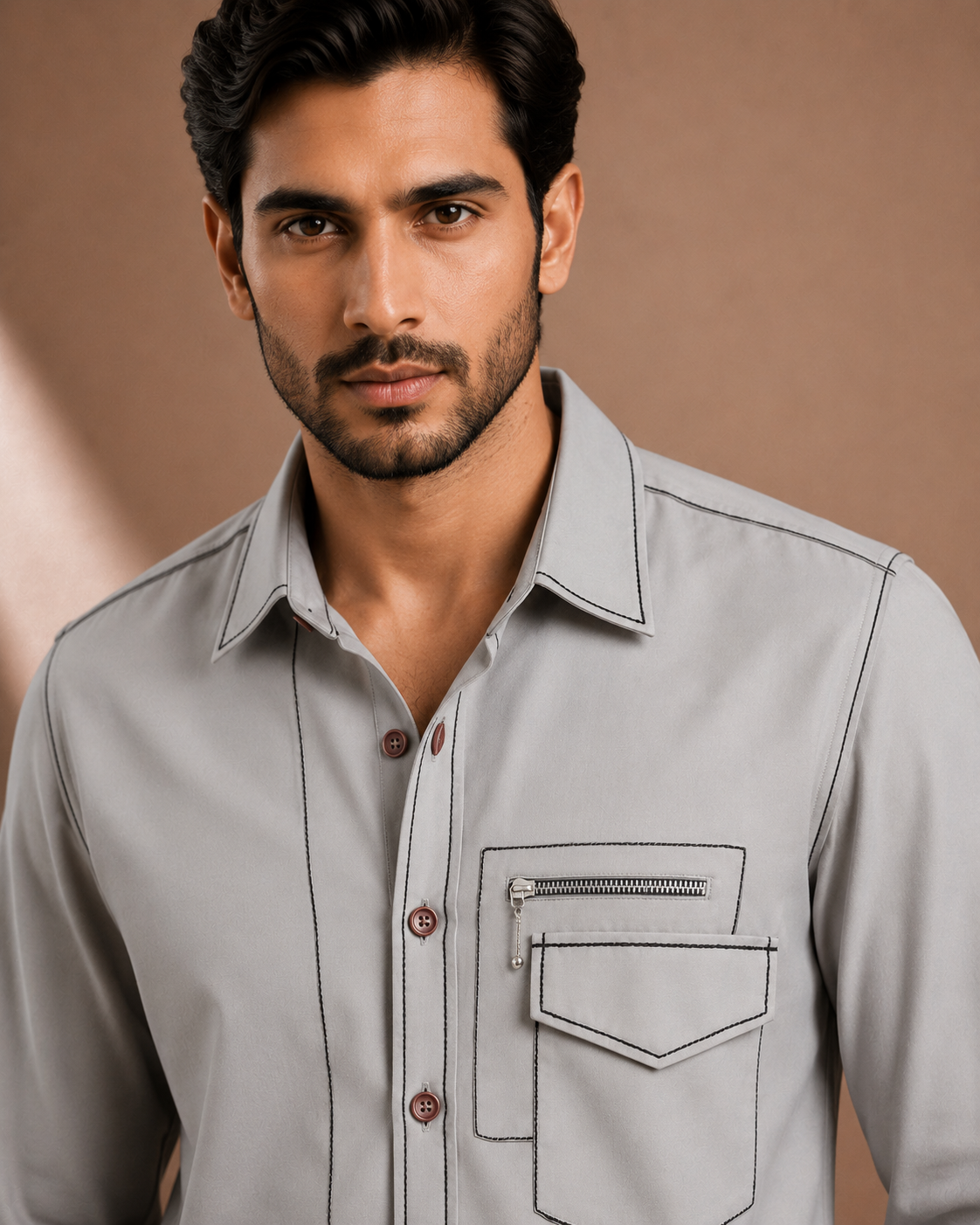 Men's Premium Light Grey Full Sleeve Shirt with Contrast Stitching & Utility Pocket