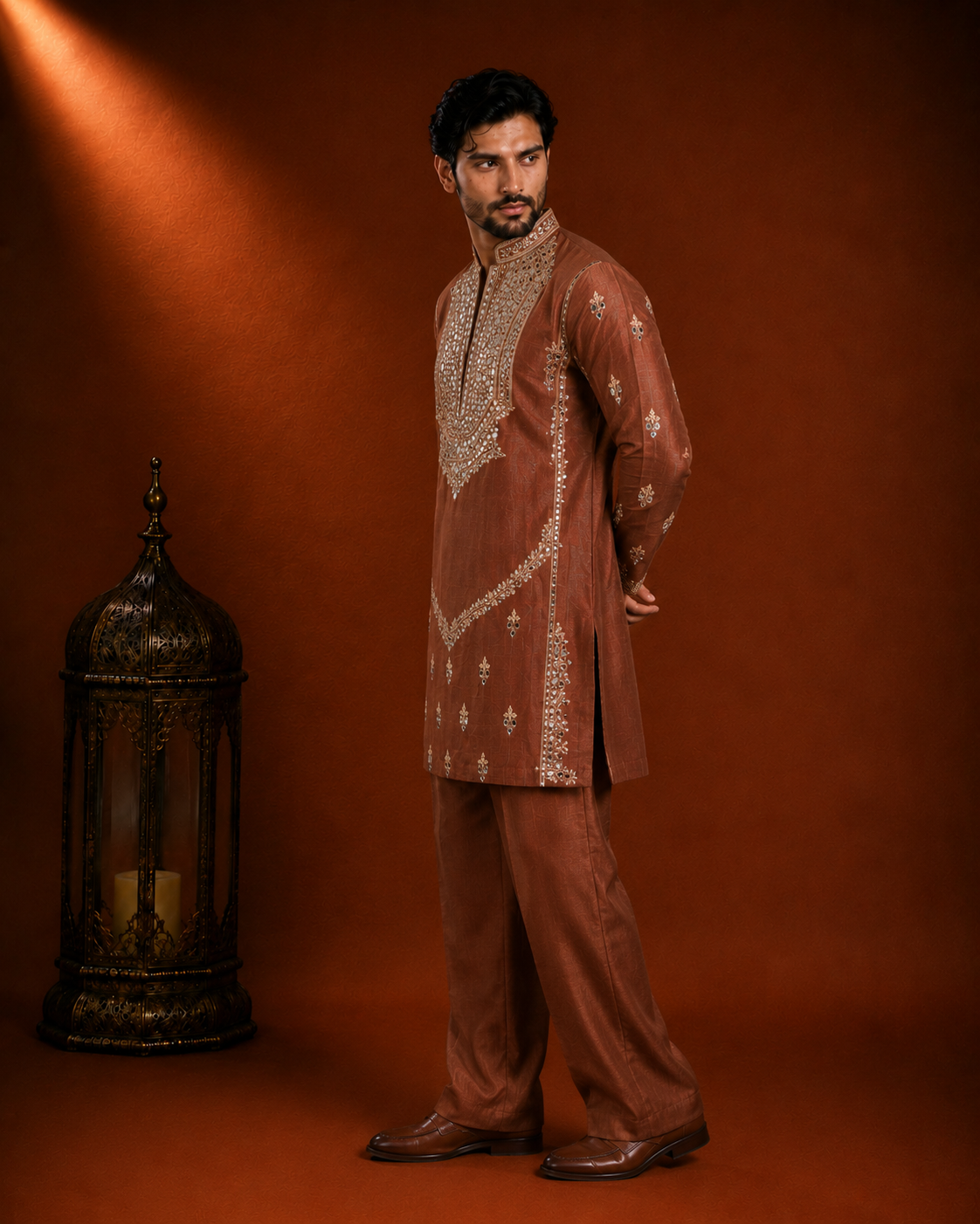 Rust Brown Heavy Mirror Work Embroidered Silk Kurta for Men | Festive & Wedding Wear