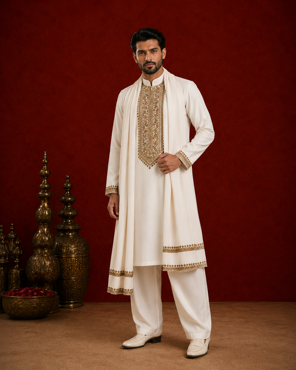 Off-White Gold Embroidered Kurta with Stole Set for Men | Groom & Wedding Festive Wear