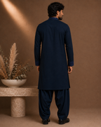 Midnight Navy Blue Tonal Embroidered Kurta for Men | Festive & Wedding Party Wear