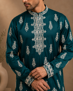 Teal Green Embroidered Kurta for Men | Festive & Wedding Party Wear