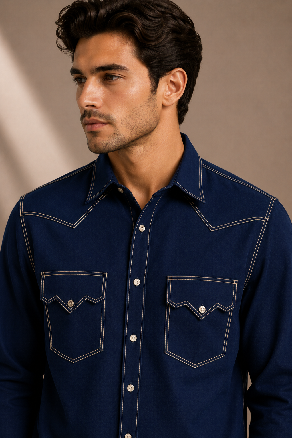 Men's Premium Navy Blue Contrast Stitch Casual Shirt | Regular Fit Full Sleeve Shirt