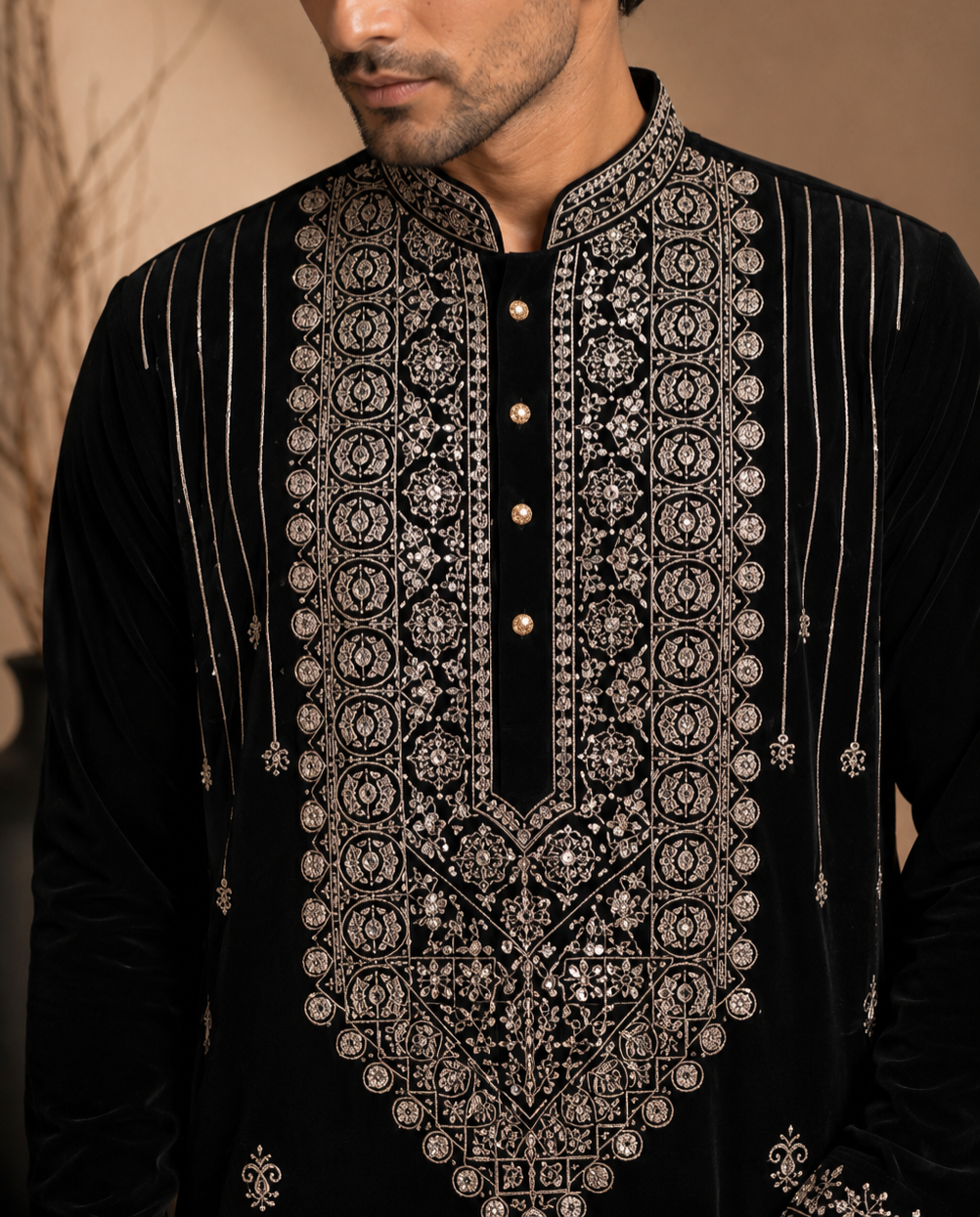 Black Velvet Silver Embroidered Kurta for Men | Festive & Wedding Party Wear