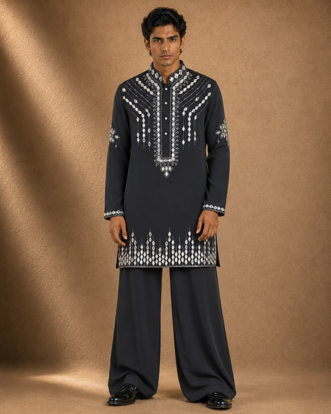 Men's Charcoal Grey Mirror Embroidered Kurta | Premium Ethnic Wear for Festive & Wedding Occasions
