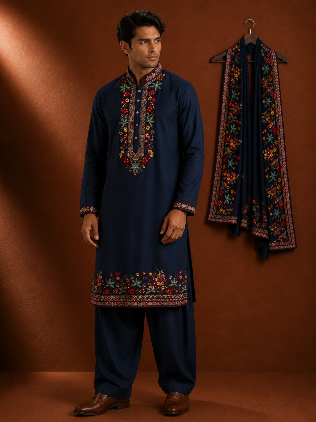 Men's Navy Blue Embroidered Kurta with Embroidered Stole