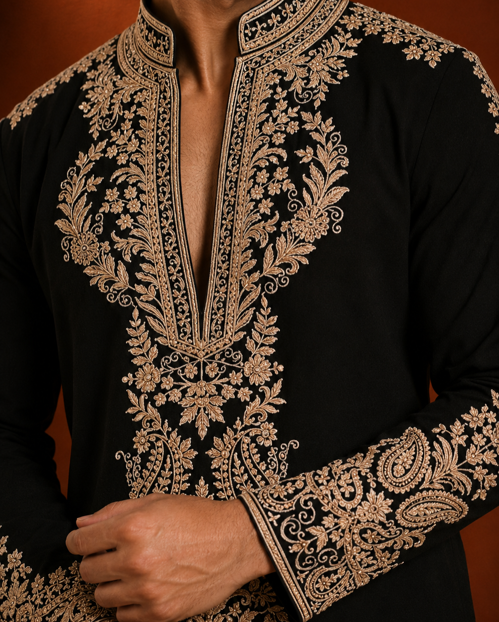 Black Antique Gold Embroidered Kurta for Men | Festive & Wedding Party Wear