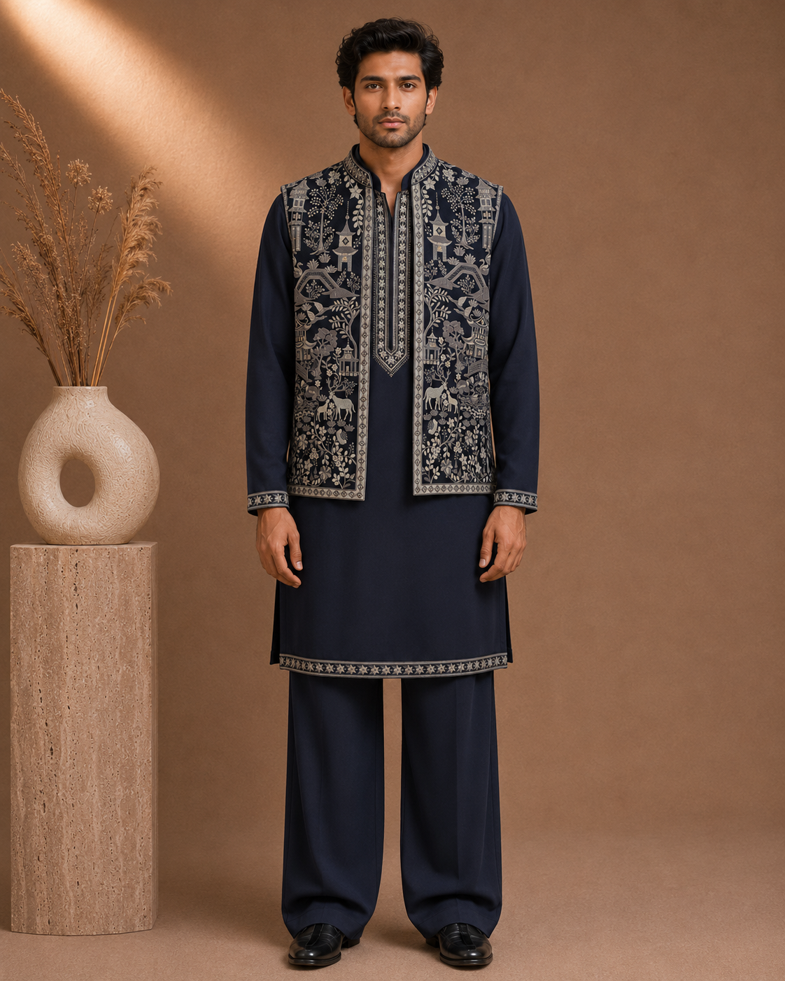 Navy Blue Embroidered Kurta with Nehru Jacket Set for Men | Festive & Wedding Wear