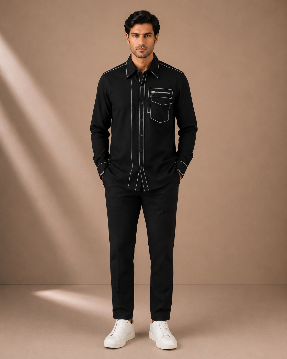 Men's Black Contrast Stitch Utility Shirt | Premium Full Sleeve Designer Smart Casual Shirt