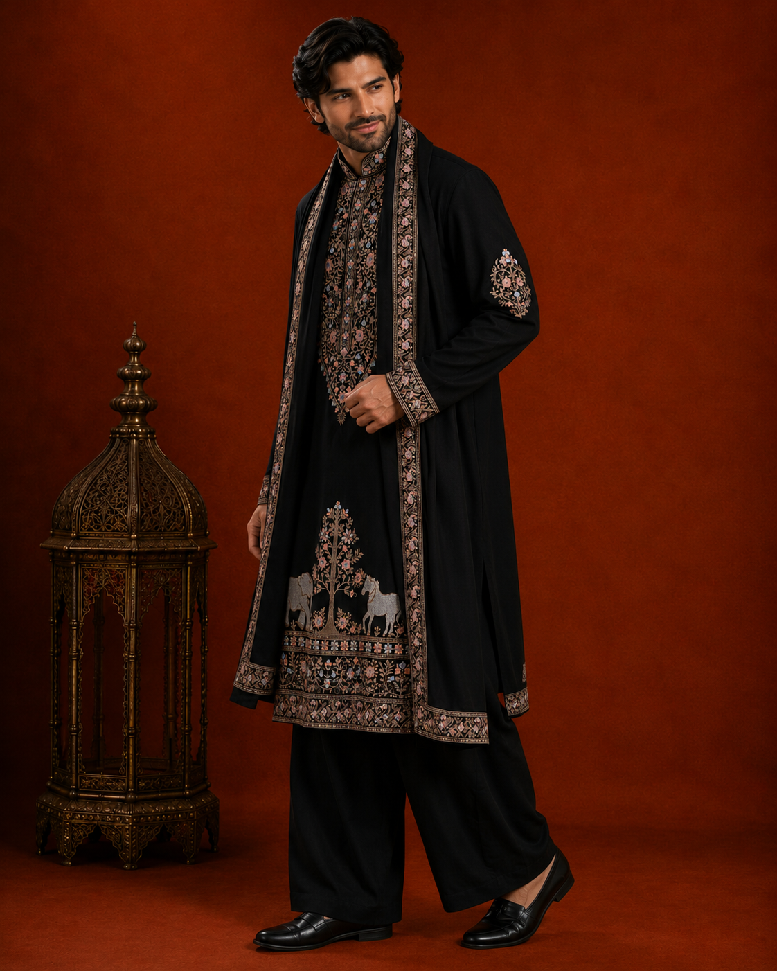 Men’s Black Embroidered Kurta with Printed Jacket & Dupatta | Premium Ethnic Wedding Wear