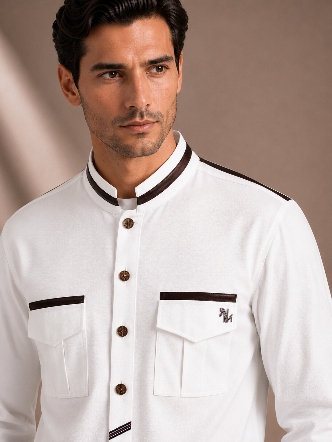 Men's White Mandarin Collar Shirt with Dual Flap Pockets | Premium Casual & Party Wear
