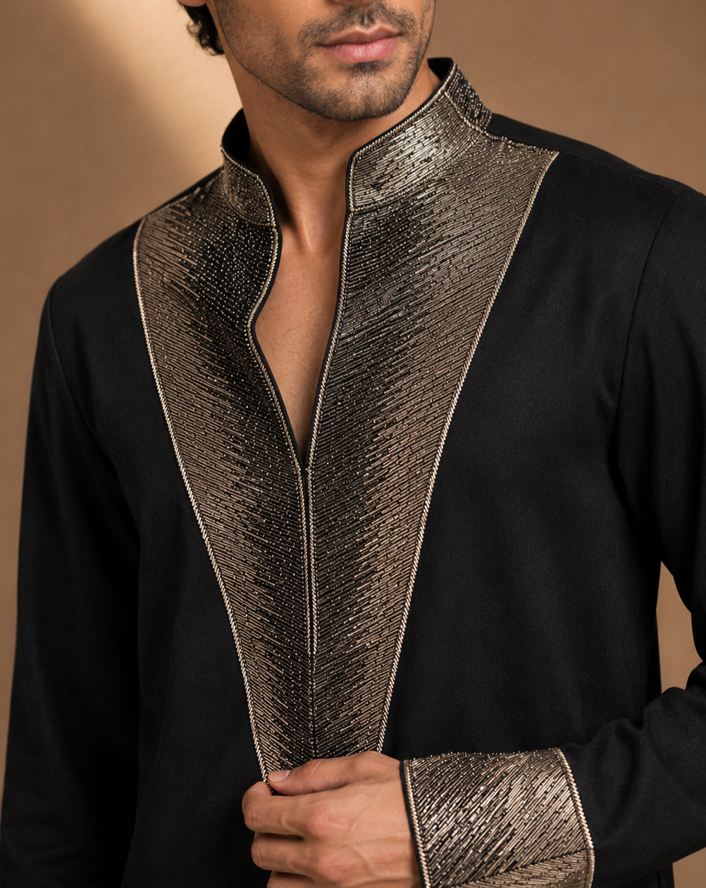 Black Metallic Lapel Embroidered Kurta for Men | Contemporary Festive & Cocktail Wear