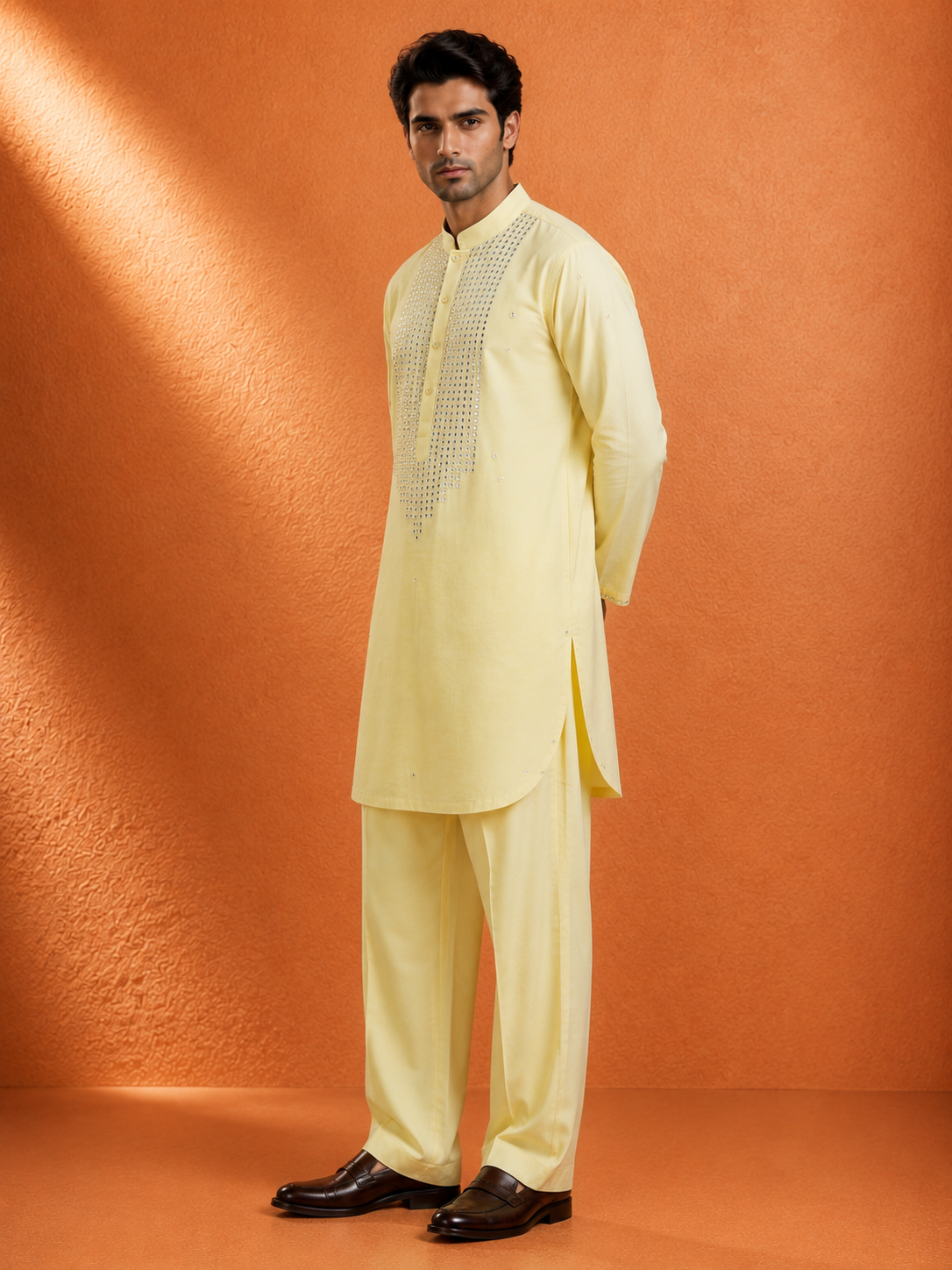 Men's Pastel Yellow Embellished Kurta | Premium Ethnic Wear for Festive & Wedding Occasions
