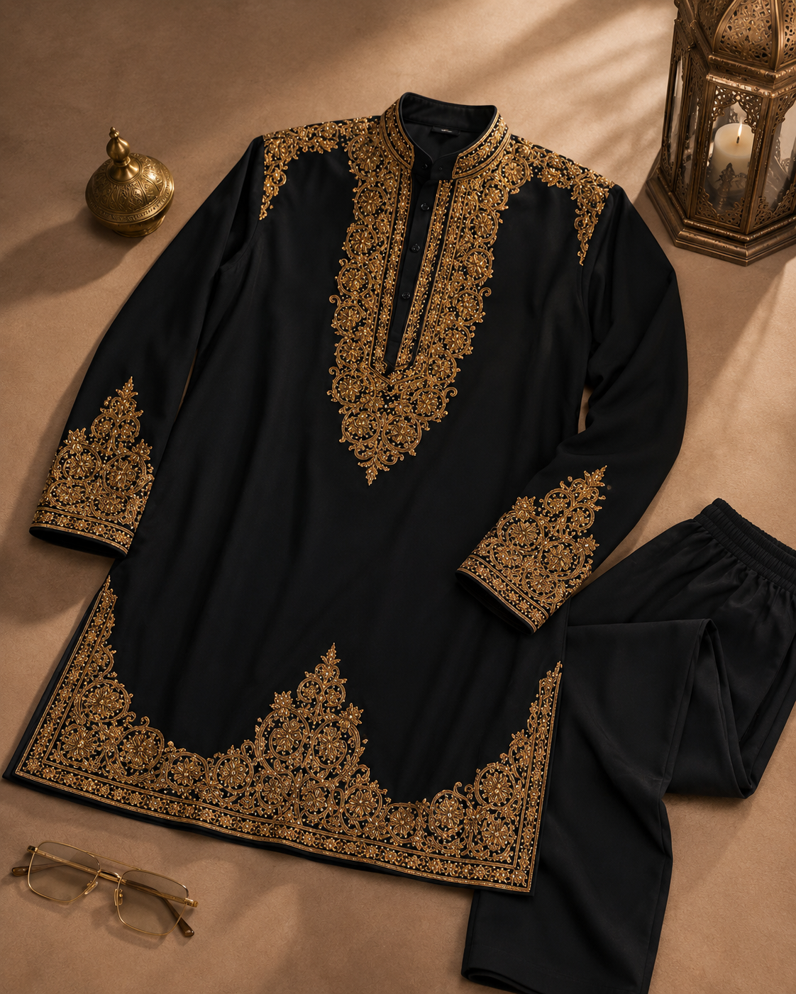 Black Gold Embroidered Kurta for Men | Festive & Wedding Party Wear