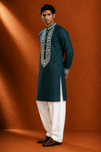 Men's Teal Green Embroidered Kurta | Premium Ethnic Wear for Festive & Wedding Occasions