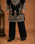 Black Heavy Kashmiri Embroidered Buttoned Kurta for Men | Wedding & Festive Wear