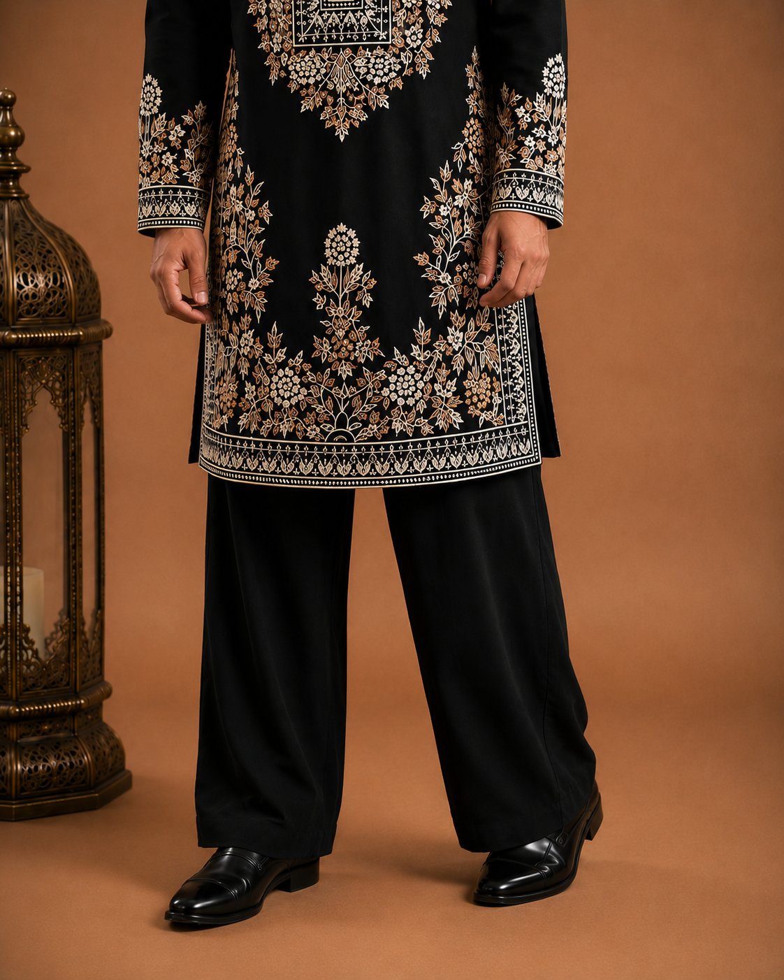 Black Heavy Kashmiri Embroidered Buttoned Kurta for Men | Wedding & Festive Wear