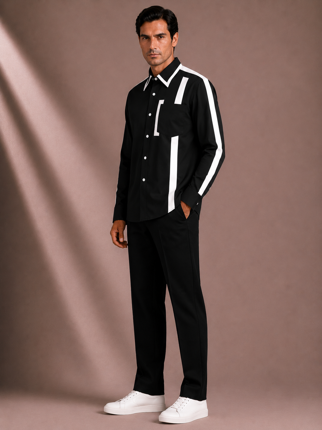 Men's Black Geometric Panel Shirt | Premium Full Sleeve Contrast Stripe Casual Shirt