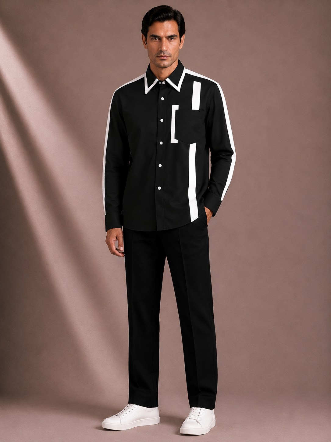 Men's Black Geometric Panel Shirt | Premium Full Sleeve Contrast Stripe Casual Shirt