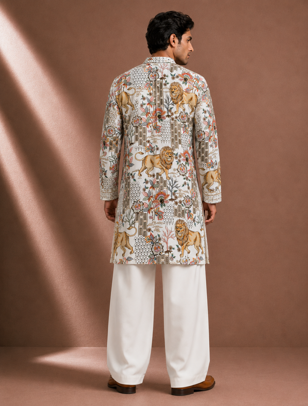 Men's White Lion Print Kurta | Premium Designer Ethnic Kurta for Wedding & Festive Wear