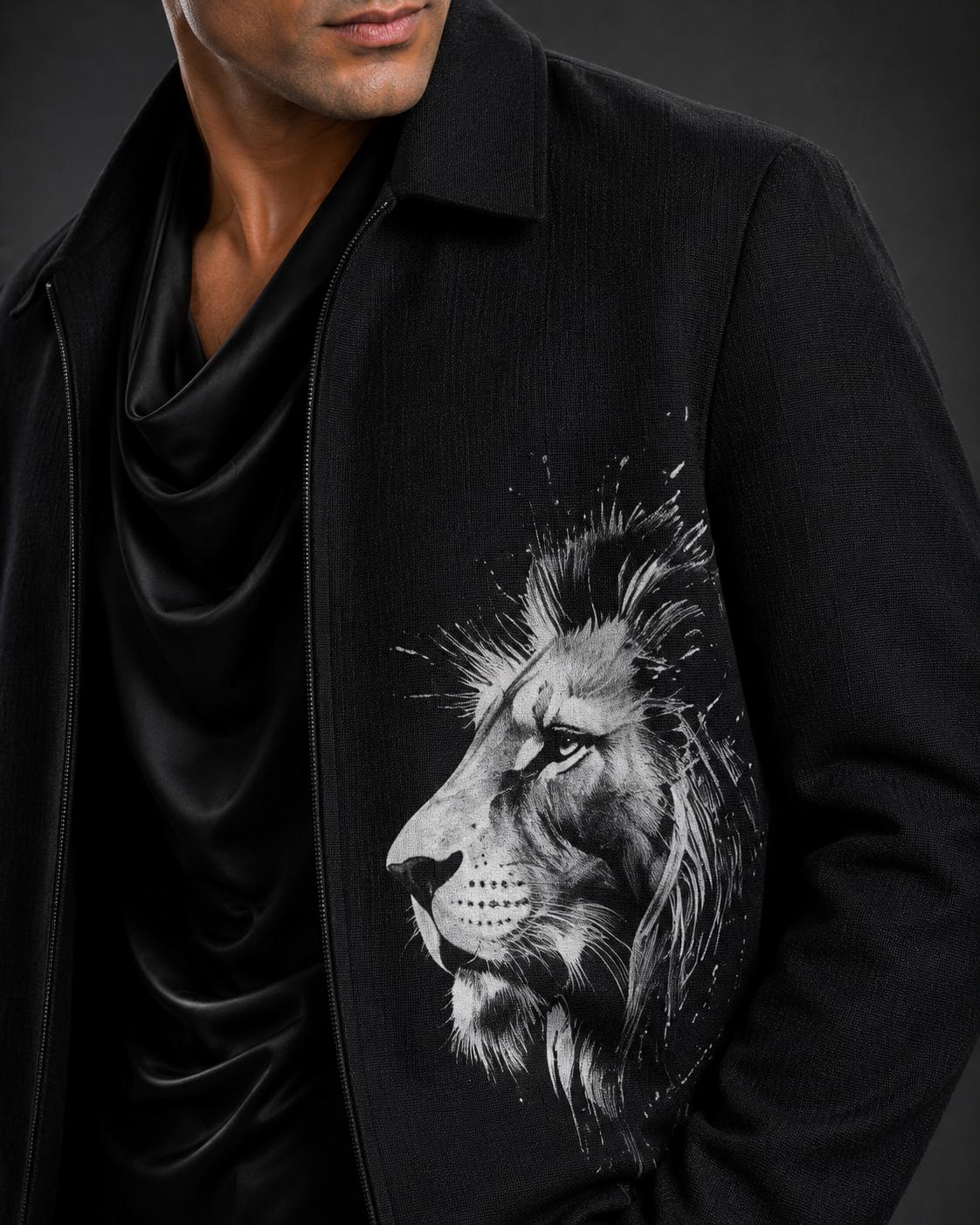 Men's Premium Black Lion Print Bomber Jacket | Regular Fit Zip-Up Casual Jacket  Description