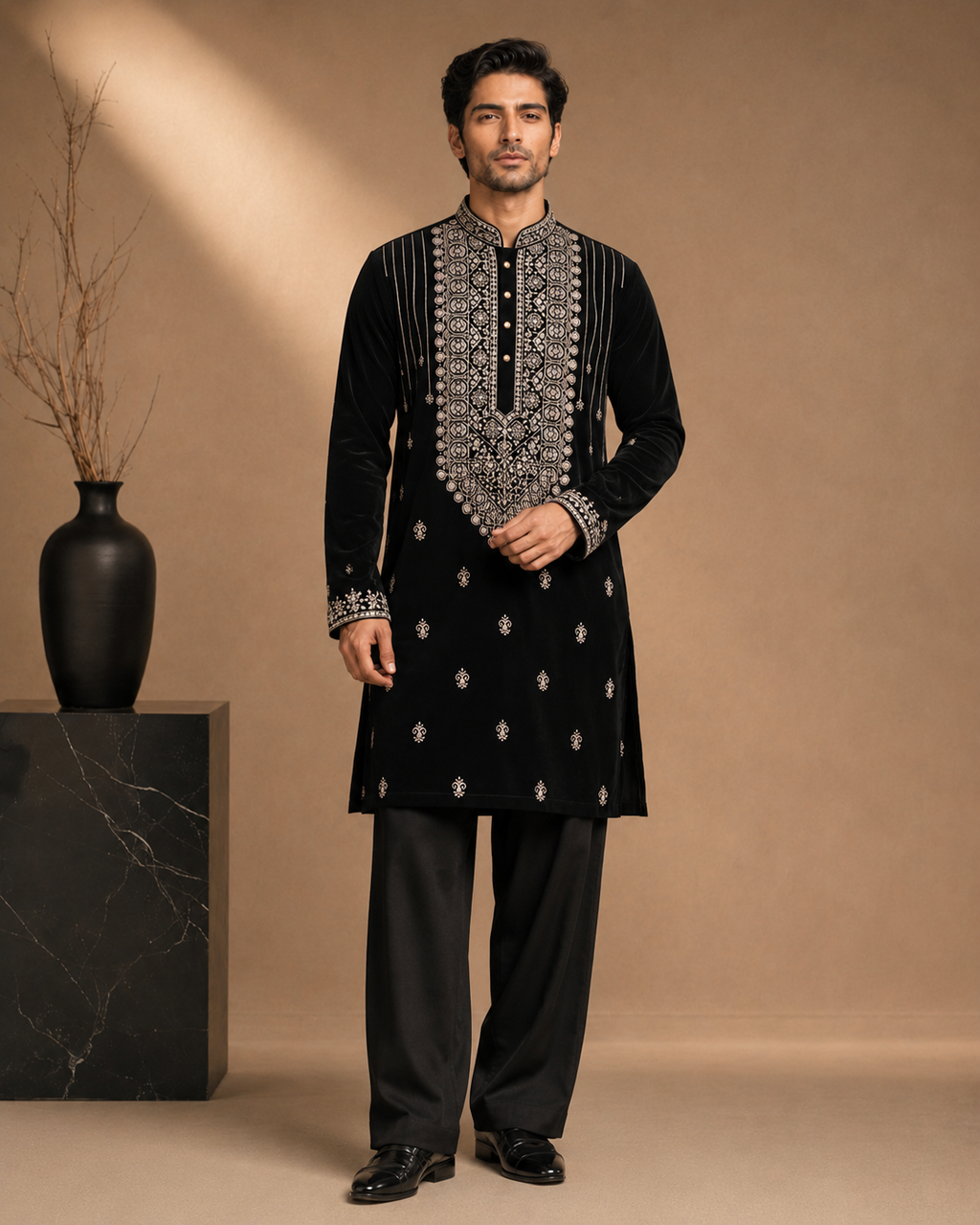 Black Velvet Silver Embroidered Kurta for Men | Festive & Wedding Party Wear