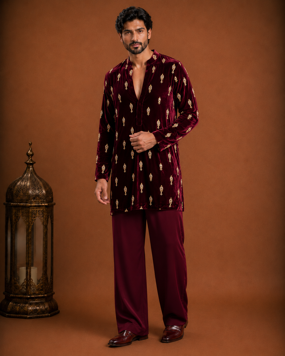 Men’s Burgundy Velvet Kurta with Golden Embroidery | Festive Ethnic Wear
