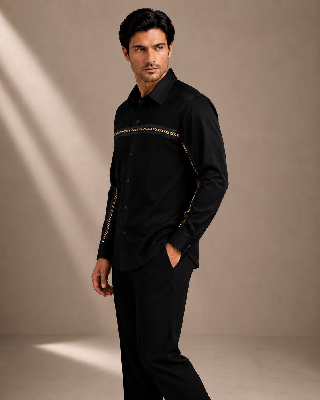 Men's Black Premium Chain Detail Full Sleeve Shirt | Luxury Party Wear Formal Shirt for Men