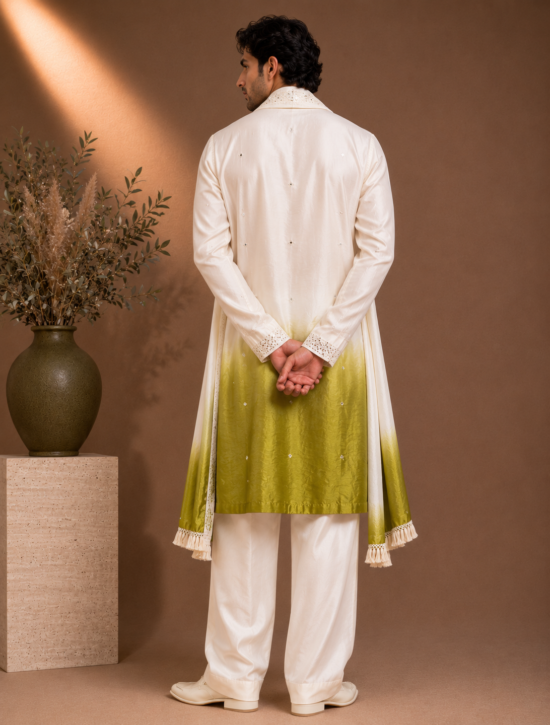 Ivory to Olive Green Ombre Silk Embroidered Kurta with Stole Set for Men | Mehendi & Wedding Festive Wear